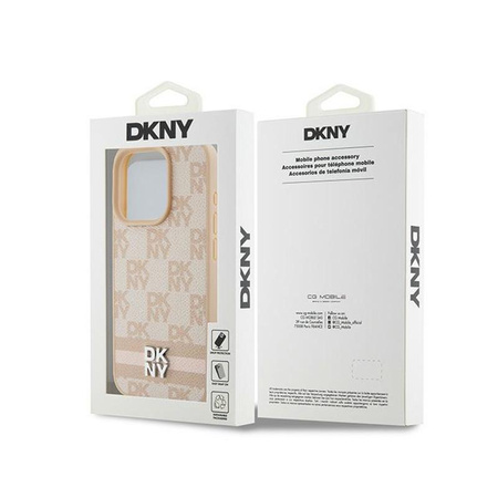 Kožené pouzdro DKNY s kostkovaným jednobarevným vzorem a tištěnými pruhy - iPhone 15 Pro Max (růžové)