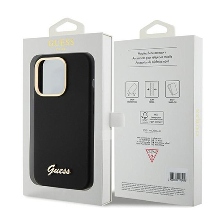 Pouzdro Guess Silicone Script Metal Logo & Frame - iPhone 15 Pro Max (černé)