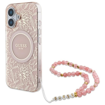 Guess IML Blumen Allover Elektro mit Perle Riemen MagSafe - iPhone 16 Fall (rosa)