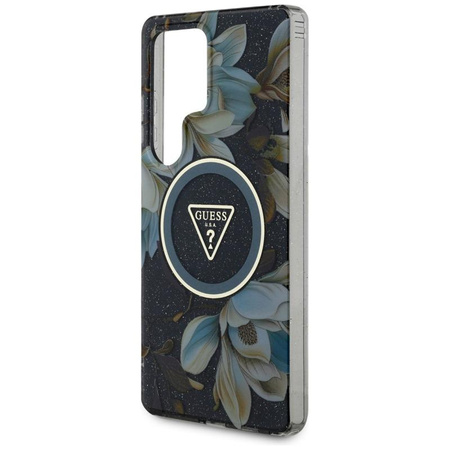 Guess Glitter Flowers Triangle Buttons MagSafe - Etui do Samsung Galaxy S25 Ultra (czarny)