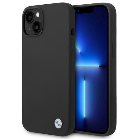 BMW Liquid szilikon tok fém logó - iPhone 14 tok (fekete)