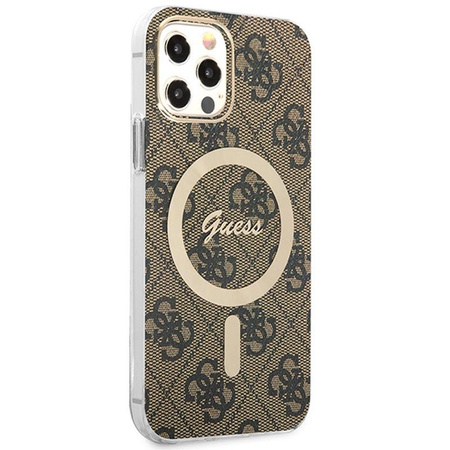 Guess Bundle Pack MagSafe 4G - MagSafe iPhone 12 / iPhone 12 Pro case + charger set (brown/gold)