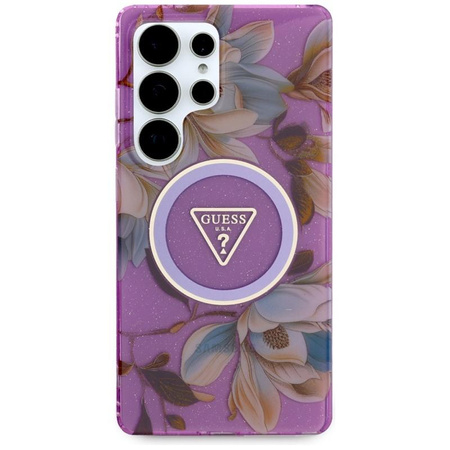 Guess Glitter Flowers Triangle Buttons MagSafe - Hülle für Samsung Galaxy S25 Ultra (lila)