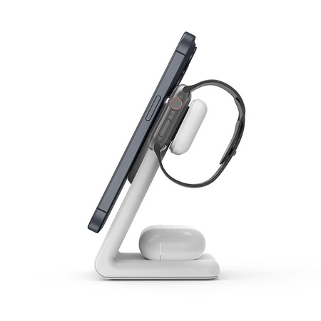 Crong MagSpot Pivot Stand - 3 az 1-ben vezeték nélküli töltő MagSafe-rel iPhone-hoz, Apple Watch-hoz és AirPods-hoz (fehér)