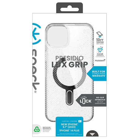 Speck Presidio Lux Grip ClickLock & Magsafe - Coque pour iPhone 15 Plus (Transparente / Finition Chrome / Argent Serein)