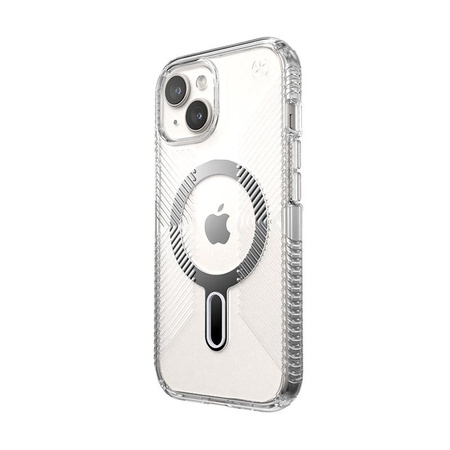 Speck Presidio Perfect-Clear Grip ClickLock & Magsafe - Coque pour iPhone 15 (Transparente / Finition chromée / Argent Serein)