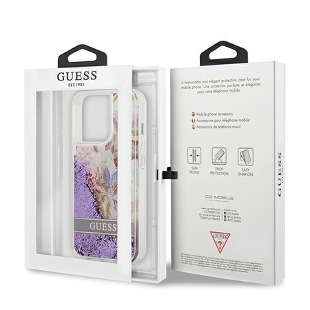Guess Liquid Glitter Flower - pouzdro pro iPhone 13 Pro Max (fialové)