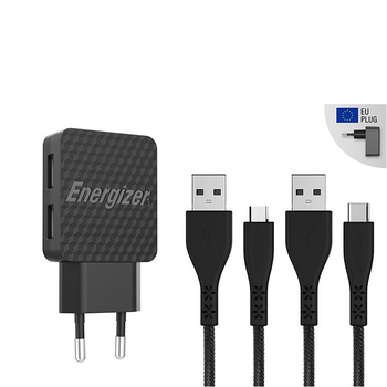 Energizer HardCase - Chargeur secteur compact 2x USB-A + USB-C & câble Micro USB (Noir) garantie à vie