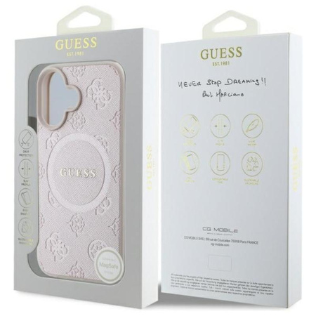 Guess Saffiano Peony Classic Logo MagSafe - étui pour iPhone 16 (rose)