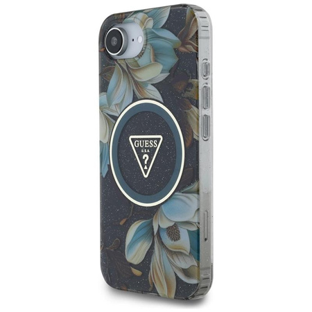 Guess IML Metal Glitter Flowers Triangle MagSafe - pouzdro pro iPhone 16e (černé)