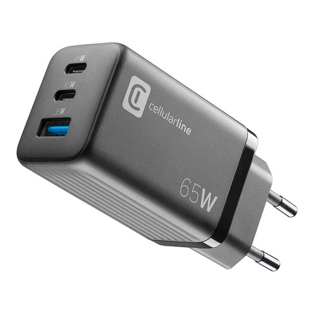 Cellularline Multipower Micro GaN - Ładowarka sieciowa 2x USB-C & USB-A Power Delivery 65W (czarny)