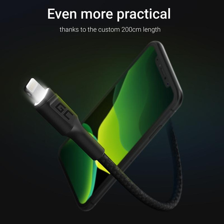 Green Cell Ray - USB cable - Lightning 200cm with white LED backlight, Apple fast charging 2.4A