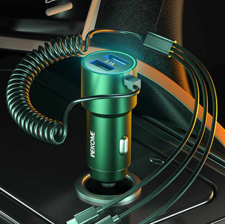 WEKOME WP-C44 Pop Digital Series - Chargeur de voiture avec câble intégré 3-en-1 USB-C / Lightning / Micro USB + 2x USB-A 33W (Noir)