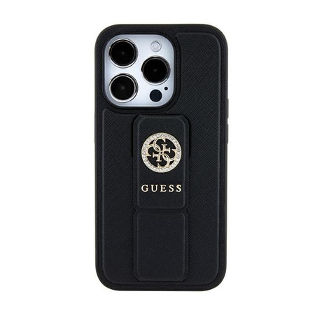 Guess Grip Stand 4G Saffiano Strass Logo - iPhone 15 Tasche (schwarz)