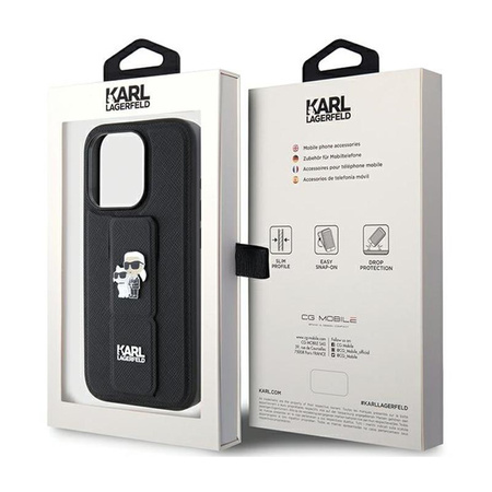 Karl Lagerfeld Gripstand Saffiano Karl & Choupette Pins - pouzdro na iPhone 15 Pro (černé)