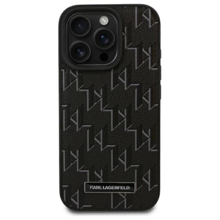 Karl Lagerfeld Leder Monogramm Metall Logo MagSafe - iPhone 16 Pro Tasche (schwarz)