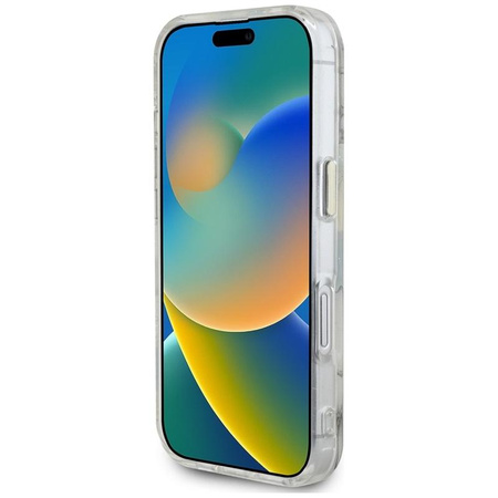 Guess Glitter Flowers Triangle Buttons MagSafe - Tasche für iPhone 16 (weiß)