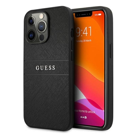 Guess Saffiano fém logós csíkok - iPhone 13 Pro Max tok (fekete)