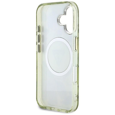 Guess Glitter Flowers Triangle Buttons MagSafe - étui pour iPhone 16 vert