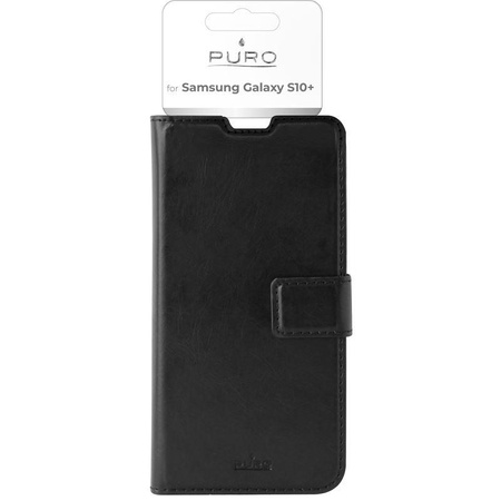PURO Booklet Wallet Case - Etui Samsung Galaxy S10+ z kieszeniami na karty + stand up (czarny)