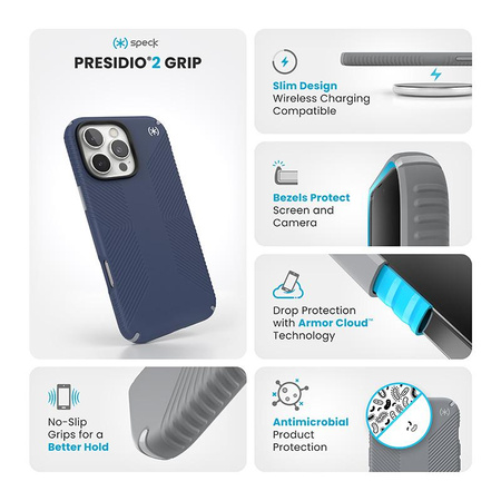 Speck Presidio2 Grip - pouzdro pro iPhone 16 Pro Max (pobřežní modrá / prachově šedá / bílá)