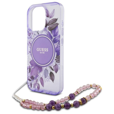 Guess IML Flowers With Pearl Strap MagSafe - pouzdro pro iPhone 16 Pro Max (fialové)