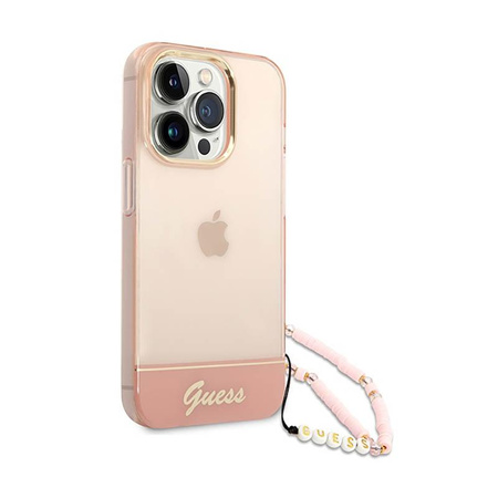 Průsvitný perleťový řemínek Guess - pouzdro pro iPhone 14 Pro Max (růžové)