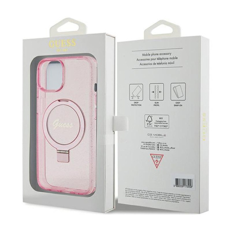Guess Ring Stand Script Glitter MagSafe - iPhone 15 Plus Tasche (rosa)