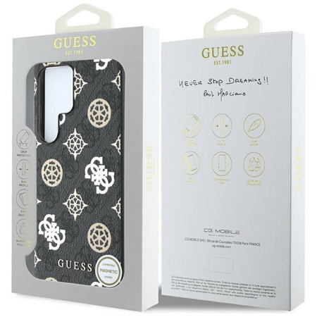 Guess 4G gedrucktes farbiges Pfingstrosen-Muster MagSafe - Hülle für Samsung Galaxy S25 Ultra (schwarz)