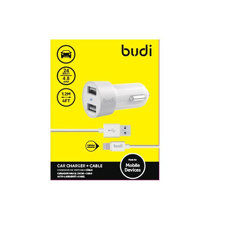 Budi - Chargeur de voiture 2x USB, 24W + câble Lightning 1,2 m (Blanc)