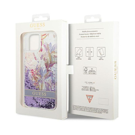 Guess Liquid Glitter Flower - pouzdro pro iPhone 14 Plus (fialové)
