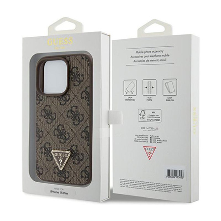 Guess bőr 4G Triangle Strass - iPhone 15 Pro tok (barna)