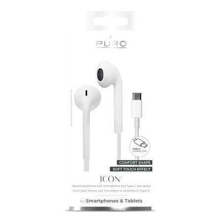 PURO ICON Stereo-Ohrhörer - USB-C Flachkabel-Kopfhörer mit Mikrofon und Fernbedienung (Weiß)