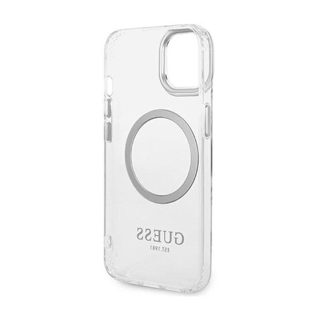 Guess Metal Outline MagSafe - iPhone 14 Tasche (Transparent / Silber)