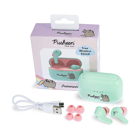Pusheen - Bezdrátová sluchátka Bluetooth TWS s nabíjecím pouzdrem (zelená)