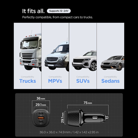 Spigen Essential EV1133 – Autonabíječka 2× USB-C PD & USB-A QC3.0 113W + Kabel 100W USB-C 1 m (Black)