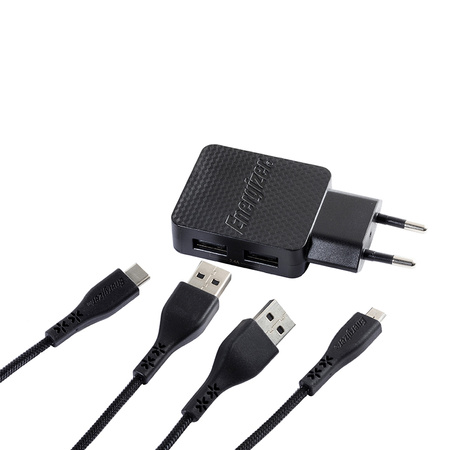 Energizer HardCase - 2x USB-A 12W Netzladegerät + USB-C & Micro USB Kabel (Schwarz)