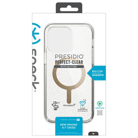 Speck Presidio Perfect-Clear s třpytkami + MagSafe - pouzdro pro iPhone 15 Plus / 14 Plus s povrchovou úpravou MICROBAN (čiré / zlaté třpytky)