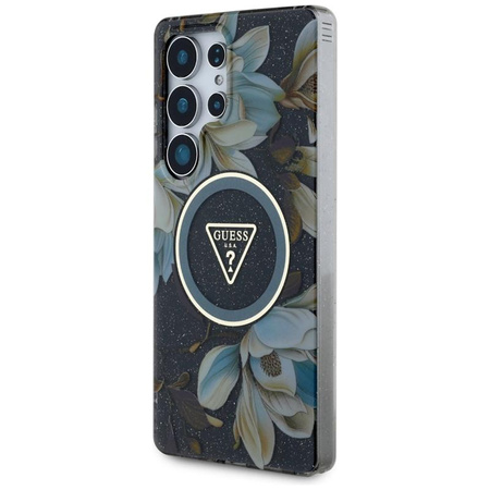 Guess Glitter Flowers Triangle Buttons MagSafe - Case for Samsung Galaxy S25 Ultra (black)
