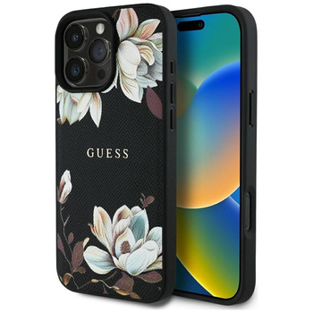 Guess Grained Printed Flower Pattern MagSafe - Hülle für iPhone 16 Pro (schwarz)