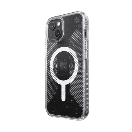 Speck Presidio Perfect-Clear s třpytkami + Gripy + MagSafe - pouzdro pro iPhone 13 s povrchovou úpravou MICROBAN (čiré/platinové třpytky)