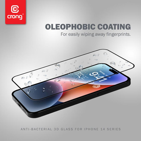 Crong Anti-Bacterial 3D Armour Glass - 9H voll Bildschirm gehärtetes Glas für iPhone 14 Pro + Installationsrahmen