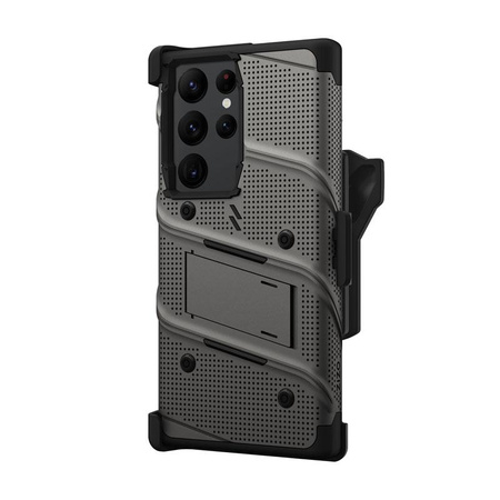 Řada ZIZO BOLT - Samsung Galaxy S23 Ultra pancéřované pouzdro s 9H sklem na displej + držák se stojánkem (šedé)