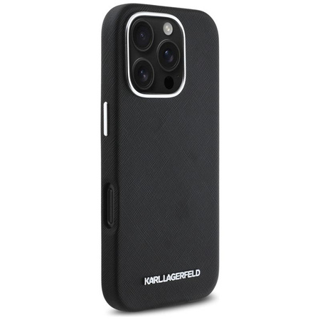Karl Lagerfeld Saffiano Full Wrapped Elongated Metal Logo MagSafe - tok iPhone 16 Pro-hoz (fekete)