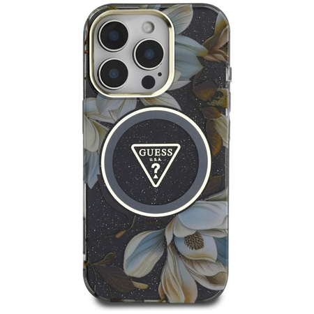 Guess Glitter Virágok háromszög gombok MagSafe - tok iPhone 16 Pro (fekete)