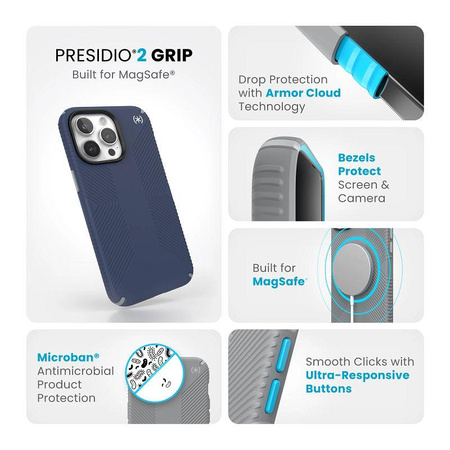 Speck Presidio2 Grip MagSafe - Coque pour iPhone 15 Pro Max (Bleu Littoral / Gris Poussière)