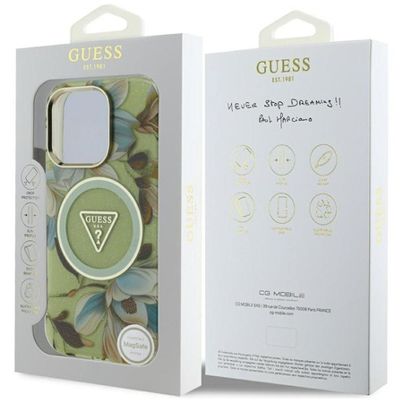 Guess Glitter Flowers Triangle Buttons MagSafe - étui pour iPhone 16 Pro (vert)