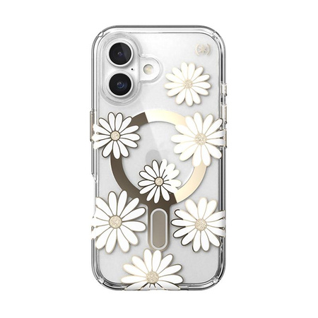 Speck Presidio Lux ClickLock & MagSafe - Coque pour iPhone 16 (Sunshine Daisies / Clear / Gold)