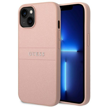 Guess Saffiano fém logós csíkok - iPhone 14 Plus tok (rózsaszín)