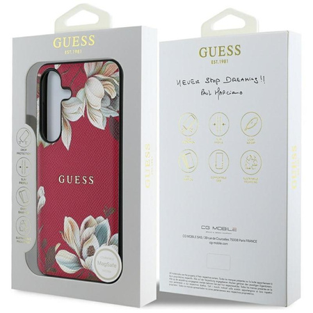Guess Grained Printed Flower Pattern MagSafe - pouzdro pro Samsung Galaxy S25 (fuchsiová)